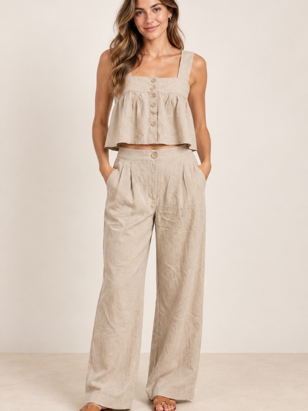 TFY Collection Beige Cotton Crop Top Wide Leg Pants 2 Piece Set